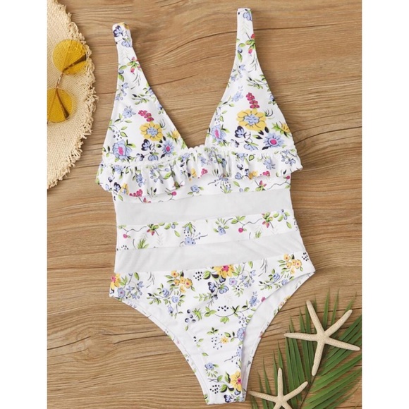 ๐ Floral Print Contrast Mesh One Piece Swimsuit M